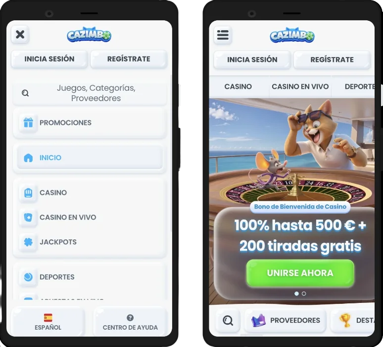 Aplicación móvil y versión web adaptativa de Cazimbo Casino
